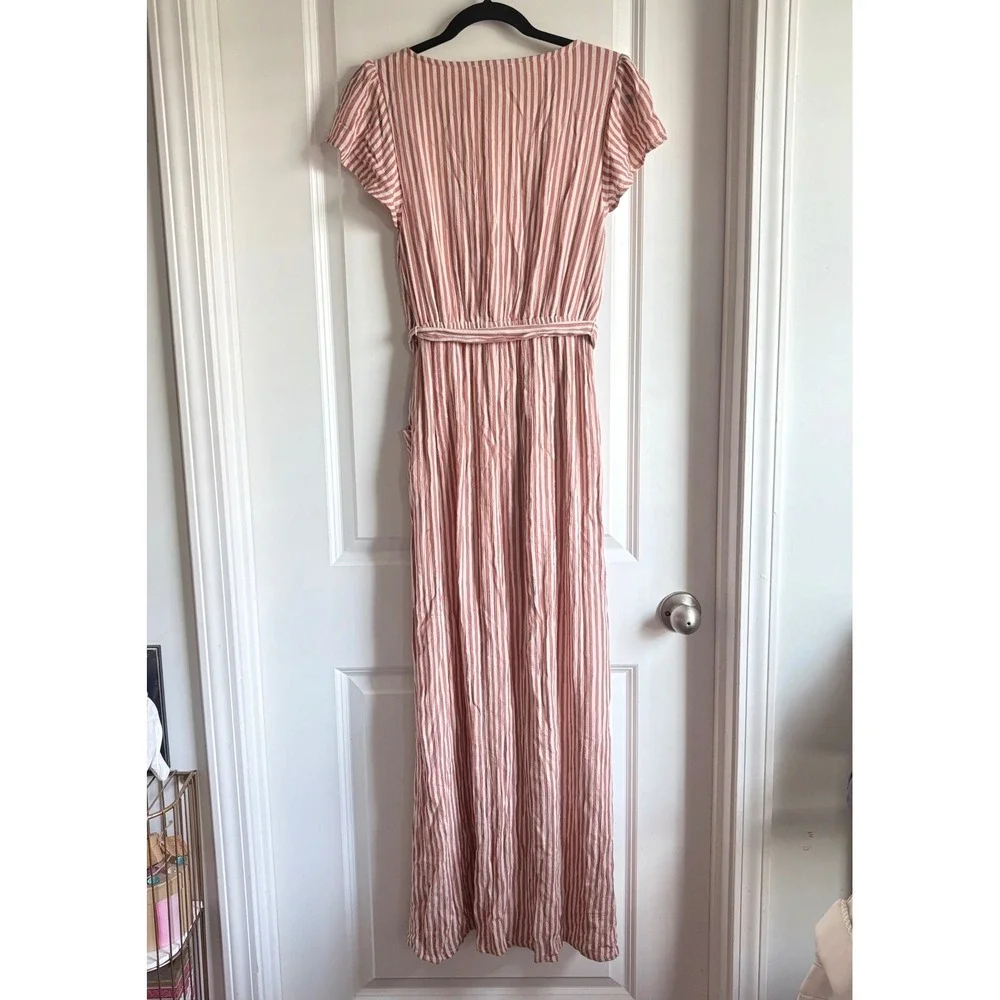 American Eagle Pink White Striped Maxi Dress Button Front Tie Waist Small - Picture 3 of 8